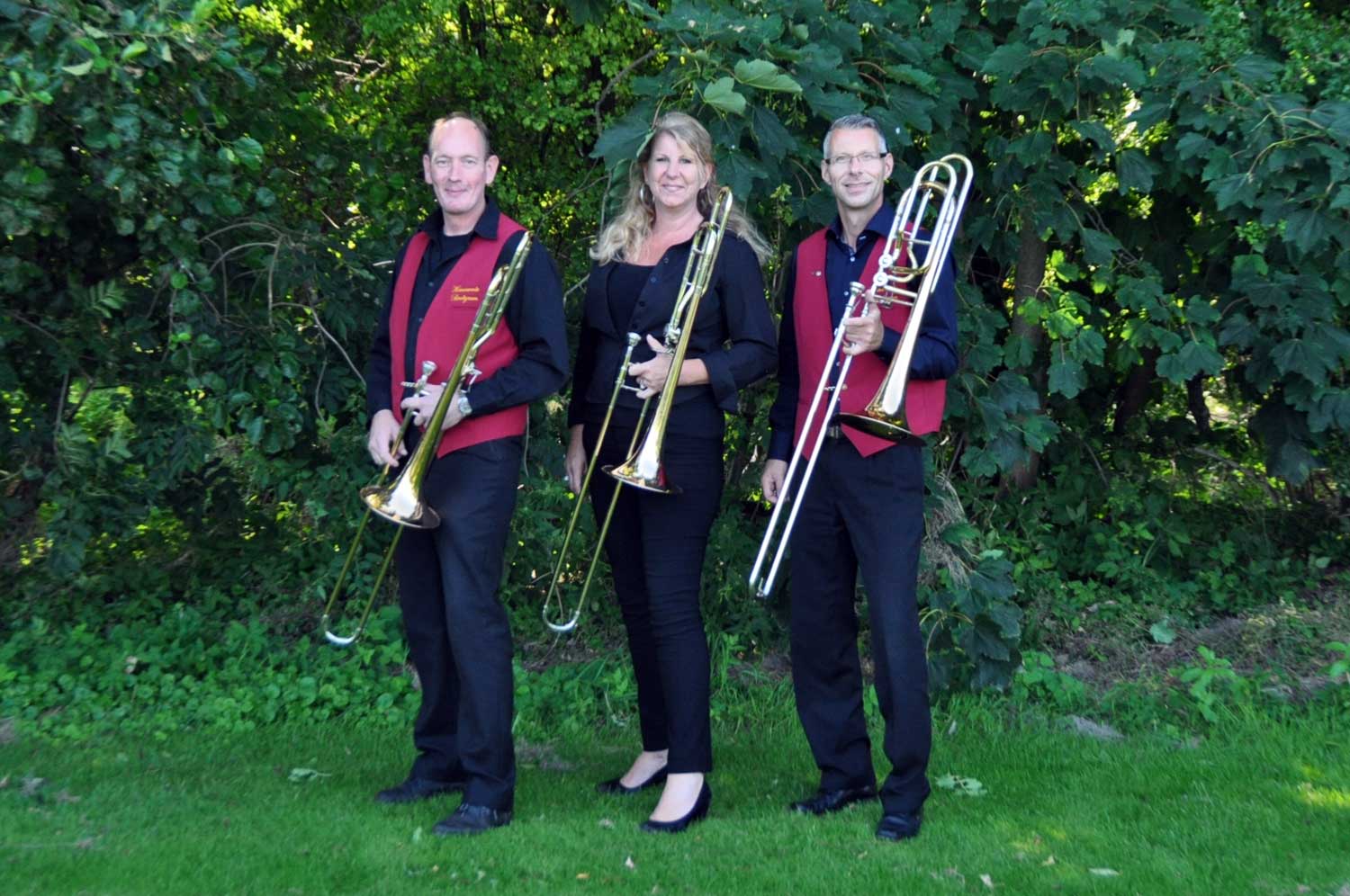 Trombonesectie muziekvereniging Harmonie Beetgum: Laas Douma, Sandra van der Meer, Jouke Joustra trombonesectie harmonie beetgum